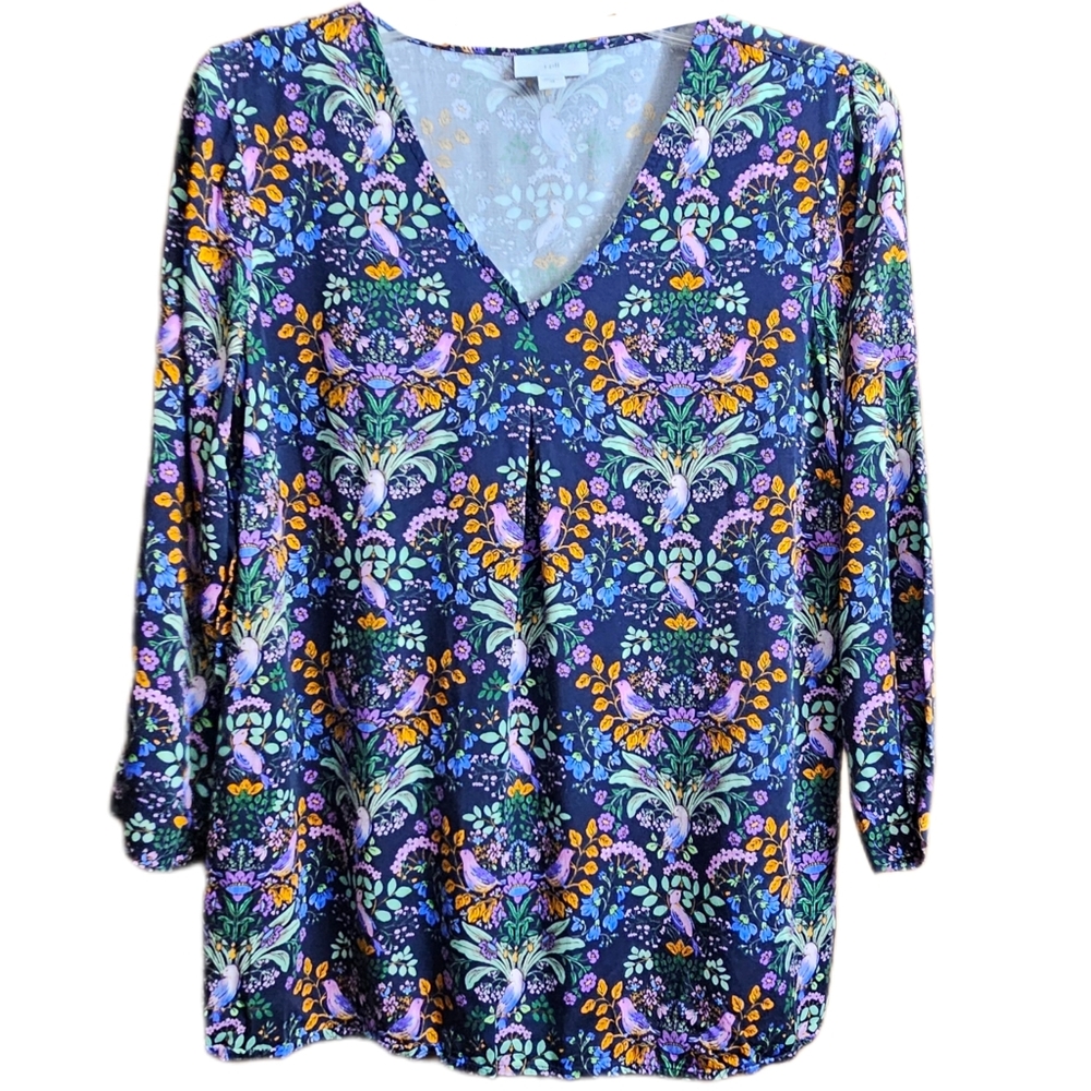 J. JILL womens vintage neck 3/4 sleeve floral top shirt blouse xs extra small